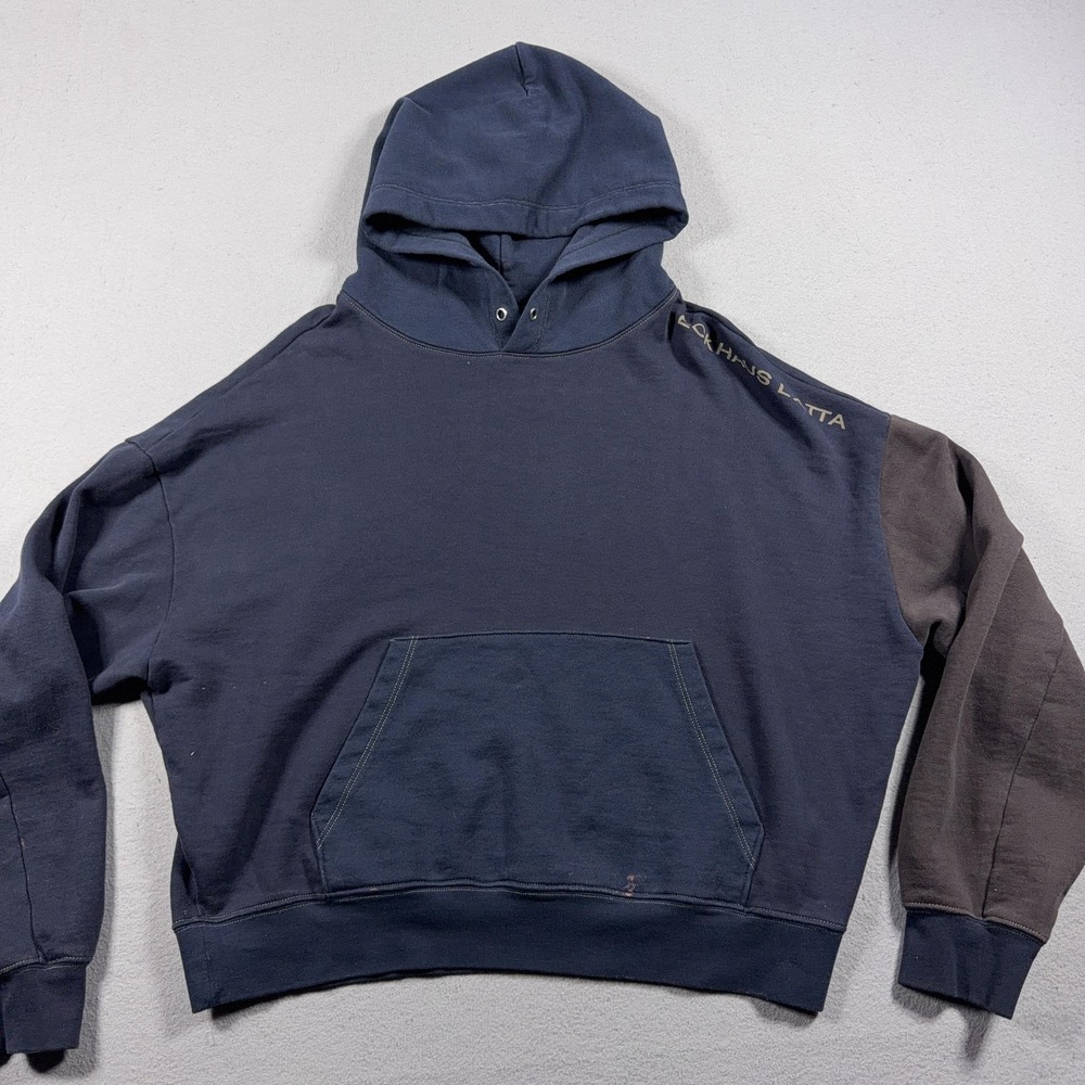 Eckhaus Latta Hoodie Mens Medium Blue Brown Pullover Fleece Sweatshirt Logo - Picture 2 of 11